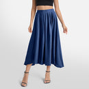 High Waist A-line Midi Skirt With Elastic Waistband And Pockets - Blue