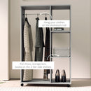 HOMCOM Rolling Open Wardrobe Hanging Rail Storage Shelves for Clothes, Grey