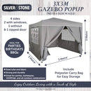 Silver & Stone Outdoor Pop Up Garden Gazebo 3x3m - Grey