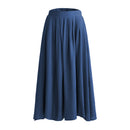 High Waist A-line Midi Skirt With Elastic Waistband And Pockets - Blue