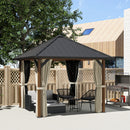 Outsunny 3 x 3(m) Metal Hardtop Gazebo with Netting and Curtains, Walnut