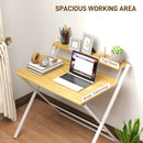 HOMCOM Folding Desk with 2-Tier Shelf for Home Office, Maple Wood-effect