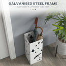 HOMCOM Metal Umbrella Stand, Square Umbrella Basket With 4 Hooks Drip Tray White