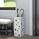 HOMCOM Metal Umbrella Stand, Square Umbrella Basket With 4 Hooks Drip Tray White