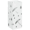 HOMCOM Metal Umbrella Stand, Square Umbrella Basket With 4 Hooks Drip Tray White