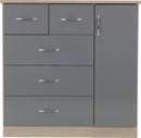 NEVADA 5 DRAWER LOW WARDROBE - GREY GLOSS/LIGHT OAK EFFECT VENEER