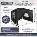 Silver & Stone Outdoor Pop Up Garden Gazebo 3x3m - Black