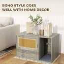 PawHut Boho Style Cat Litter Box Enclosure with Rattan Door, Scratching Mat