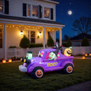 5ft Halloween Witch Driving a Car with Horror Frankenstein, Black Cat and Jack-o'-lantern Inflatable with Build-In LED