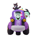 5ft Halloween Witch Driving a Car with Horror Frankenstein, Black Cat and Jack-o'-lantern Inflatable with Build-In LED