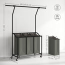 HOMCOM 126L Laundry Sorter, Laundry Basket with 3-Bag Organiser, Dark Grey