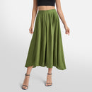 High Waist A-line Midi Skirt With Elastic Waistband And Pockets - Green