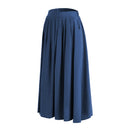 High Waist A-line Midi Skirt With Elastic Waistband And Pockets - Blue