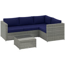 Outsunny 3Pcs Rattan Corner Sofa Set with Coffee Table, Cushion, Blue