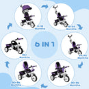 HOMCOM 6 In 1 Kids Purple Trike, Stroller With Parent Handle