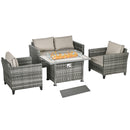 Outsunny 5 PCs Rattan Garden Furniture Set with Gas Fire Pit Table, Grey