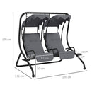 Outsunny Canopy Swing 2 Separate Relax Chairs w/ Handrails, Cup Holders Grey