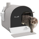 PawHut Cat Litter Box Kitten Litter Tray w/ Lid, Scoop, Filter, Flap Door, Grey