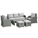 Outsunny 6pc Padded Outdoor Rattan Wicker 3-Seat Sofa Recliner Footstool Table - Light Grey