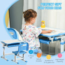 Kids Desk and Chair Set Height Adjustable Student Writing Desk Children School Study Table with Tiltable Desktop, Drawer, Pen Slot, Hook Blue Drawer Slot