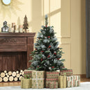 Green 4FT Artificial Snow Dipped Christmas Tree Xmas Pencil Tree Holiday Home Party Decoration with Foldable Feet Red Berries White Pinecones