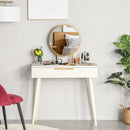 Modern Dressing Table with Round Mirror, Makeup Vanity Table with 2 Drawers for Bedroom, Living Room, White Desk w/ Mirror Bedroom