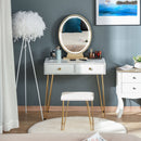 Makeup Vanity Table Set with Round Mirror, 3 Color LED Light, Dressing Desk with 2 Drawers and Cushioned Stool for Bedroom, White With Mirror &