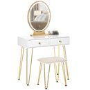 Makeup Vanity Table Set with Round Mirror, 3 Color LED Light, Dressing Desk with 2 Drawers and Cushioned Stool for Bedroom, White With Mirror &