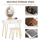 Makeup Vanity Table Set with Round Mirror, 3 Color LED Light, Dressing Desk with 2 Drawers and Cushioned Stool for Bedroom, White With Mirror &
