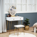 Makeup Vanity Table Set with Round Mirror, 3 Color LED Light, Dressing Desk with 2 Drawers and Cushioned Stool for Bedroom, White With Mirror &