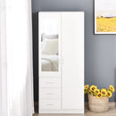 Modern Mirror Wardrobe 2 Door Storage Cupboards Home Storage Organisation Furniture with Adjustable Shelf, Hanging Rail and 3 Drawers, 180cm, White for Bedroom