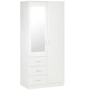 Modern Mirror Wardrobe 2 Door Storage Cupboards Home Storage Organisation Furniture with Adjustable Shelf, Hanging Rail and 3 Drawers, 180cm, White for Bedroom