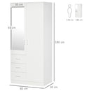 Modern Mirror Wardrobe 2 Door Storage Cupboards Home Storage Organisation Furniture with Adjustable Shelf, Hanging Rail and 3 Drawers, 180cm, White for Bedroom