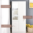 Modern Mirror Wardrobe 2 Door Storage Cupboards Home Storage Organisation Furniture with Adjustable Shelf, Hanging Rail and 3 Drawers, 180cm, White for Bedroom