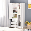 Modern Mirror Wardrobe 2 Door Storage Cupboards Home Storage Organisation Furniture with Adjustable Shelf, Hanging Rail and 3 Drawers, 180cm, White for Bedroom