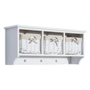 Wall Mounted Coat Hook Storage Unit Entryway Rack Shelf W/3 Wicker Baskets and Hooks - White