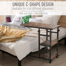 Industrial C-Shaped Mobile Rolling Sofa Side Table with 3-Tier Storage Shelving, Adjustable Height, Wheels Bed Adjust Height Cart w/ Casters, Brake