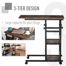 Industrial C-Shaped Mobile Rolling Sofa Side Table with 3-Tier Storage Shelving, Adjustable Height, Wheels Bed Adjust Height Cart w/ Casters, Brake
