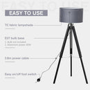 HOMCOM Modern Tripod Stand Floor Land Lamp with Wood Leg Adjustable Height Fabric Lampshade for Living Room, Bedroom, Office, Grey and Black Base