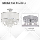 HOMCOM Elegant Metal Ceiling Light Chandelier with Pleated Fabric Lampshade, Decorative Crystal Pendants, for Living Room, Dining Room, Bedroom, White Steel Base