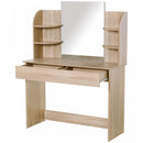 Particle Board Glass Mirror Dressing Table w/ Shelves Oak Tone
