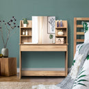 Particle Board Glass Mirror Dressing Table w/ Shelves Oak Tone