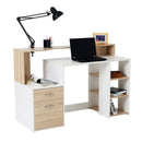 White and Wood Desk Wooden Computer Desk 140Lx55Dx92H cm Modern Home Office Writing Workstation Furniture Printer Shelf Rack Storage Drawer & Shelves