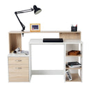White and Wood Desk Wooden Computer Desk 140Lx55Dx92H cm Modern Home Office Writing Workstation Furniture Printer Shelf Rack Storage Drawer & Shelves