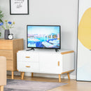 Modern TV Stand for TVs up to 45'' Flat Screen with Bamboo Legs, TV Console Cabinet with Drawers and Cupboard, Cable Hole, Home Entertainment Center, Living Room Bedroom and Office, White Center