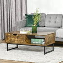 Industrial Coffee table Wooden End Table with Shortage Shelf and Drawer Modern Sofa Table for Living Room, Office, Reception Room Wooden Tabletop Metal Frame, Rustic Brown 106W x 48D x 43H cm Wood Finish