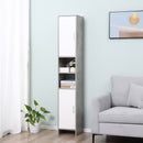 Kleankin Free-standing Tall Bathroom Storage Cabinet w/ 2 Cupboards 2 Open Compartments, Slim Bathroom Organizer Adjustable Shelves Elevated Base for Living Room, Grey Cupboard Shelving Doors & 6