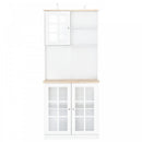 Home Sideboard Storage Cabinet Unit w/ Countertop Grid Glass Doors - White