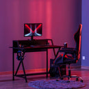 Racing Gaming Desk Carbon Fiber Style Computer Table with Elevated Monitor Shelf, Headphone Hook and Cup Holder, Black w/Elevated