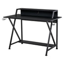 Racing Gaming Desk Carbon Fiber Style Computer Table with Elevated Monitor Shelf, Headphone Hook and Cup Holder, Black w/Elevated